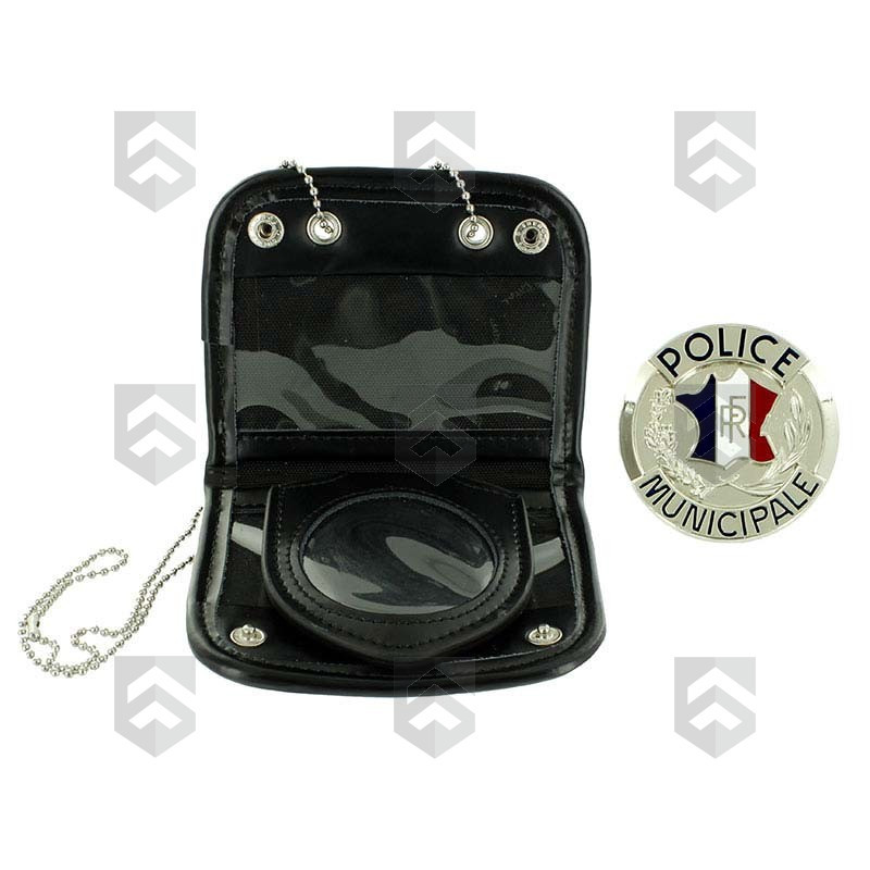 Porte-carte Tour de Cou + Porte-médaille de Ceinture Cuir + Médaille Police Municipale