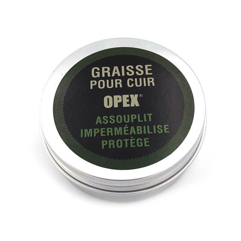 Vue avant de la boîte métal Graisse de luxe Opex pour cuir affichant Graisse pour cuir, logo OPEX et