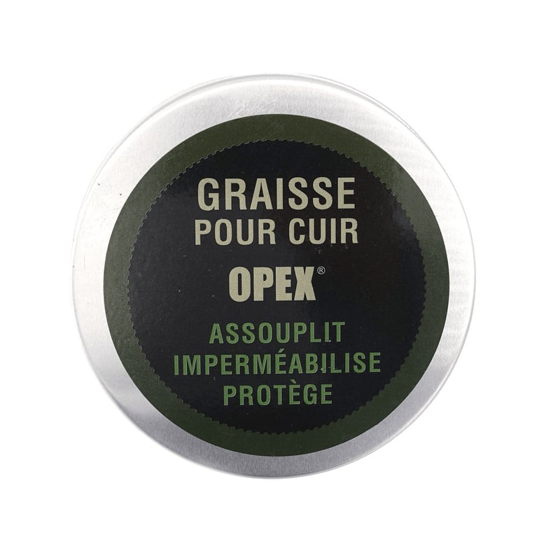 Boîte de Graisse pour Cuir OPEX avec étiquette avant indiquant Graisse pour cuir, marque OPEX, Assou