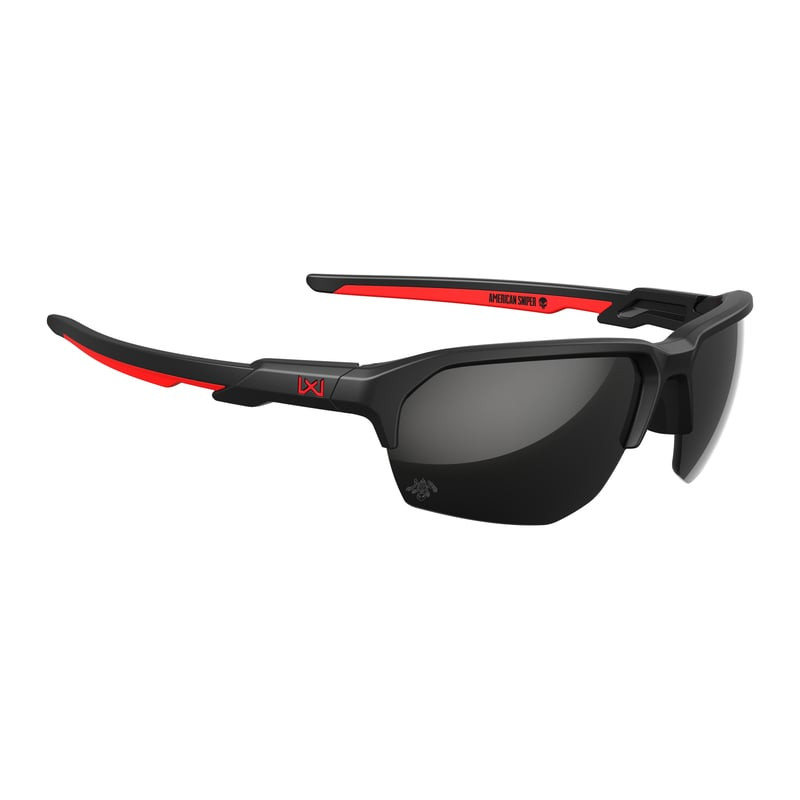 Gros plan des lunettes Wiley X WX JAKL American Sniper vue de droite, cadre noir, accents rouges sur