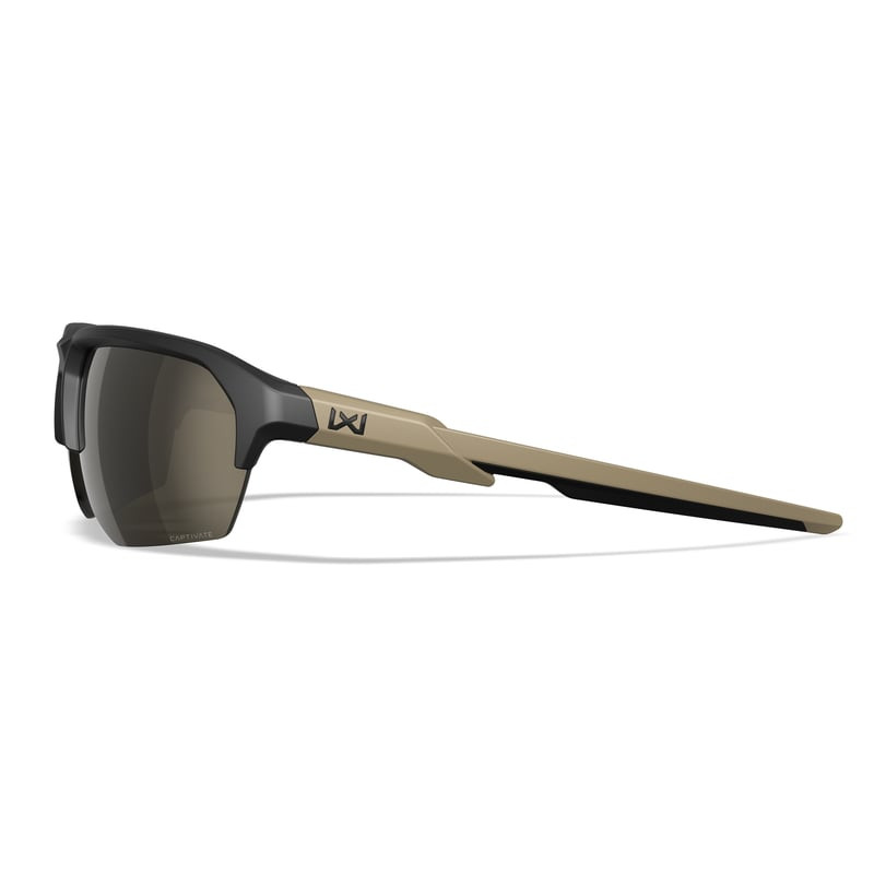 Profil latéral droit des lunettes Wiley X WX JAKL mettant en avant les branches tan, logo Wiley X et