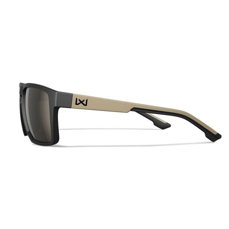 Gros plan sur la branche droite des lunettes Wiley X WX Founder AC6FND04 montrant le logo Wiley X su