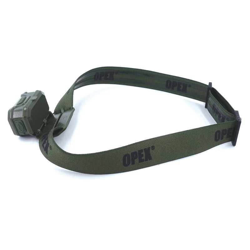 Lampe frontale Opex LAMF20USBC verte vue du dessus sur fond blanc, mettant en avant boîtier robuste,
