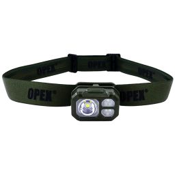 Lampe frontale tactique Opex LAMF20USBC verte montée sur bandeau élastique réglable, vue avant avec 