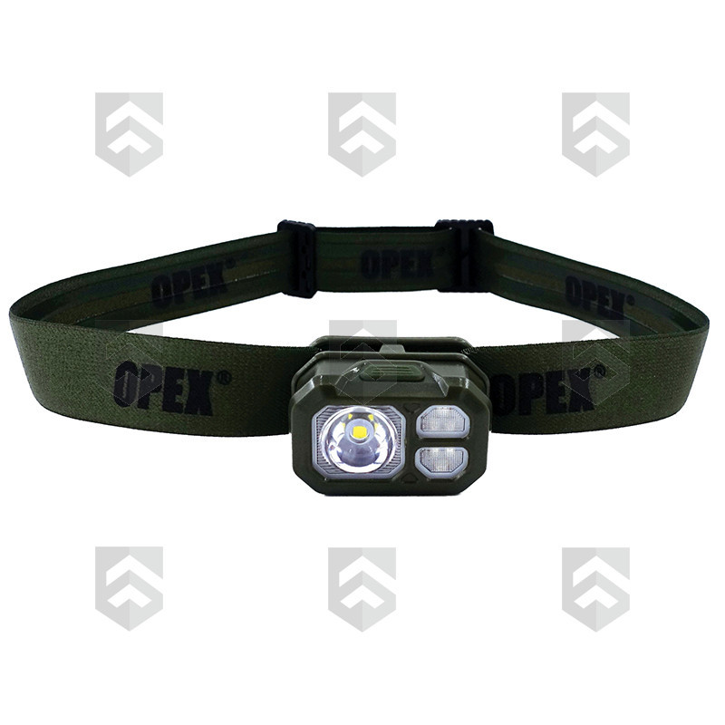 Lampe frontale tactique Opex LAMF20USBC verte montée sur bandeau élastique réglable, vue avant avec 