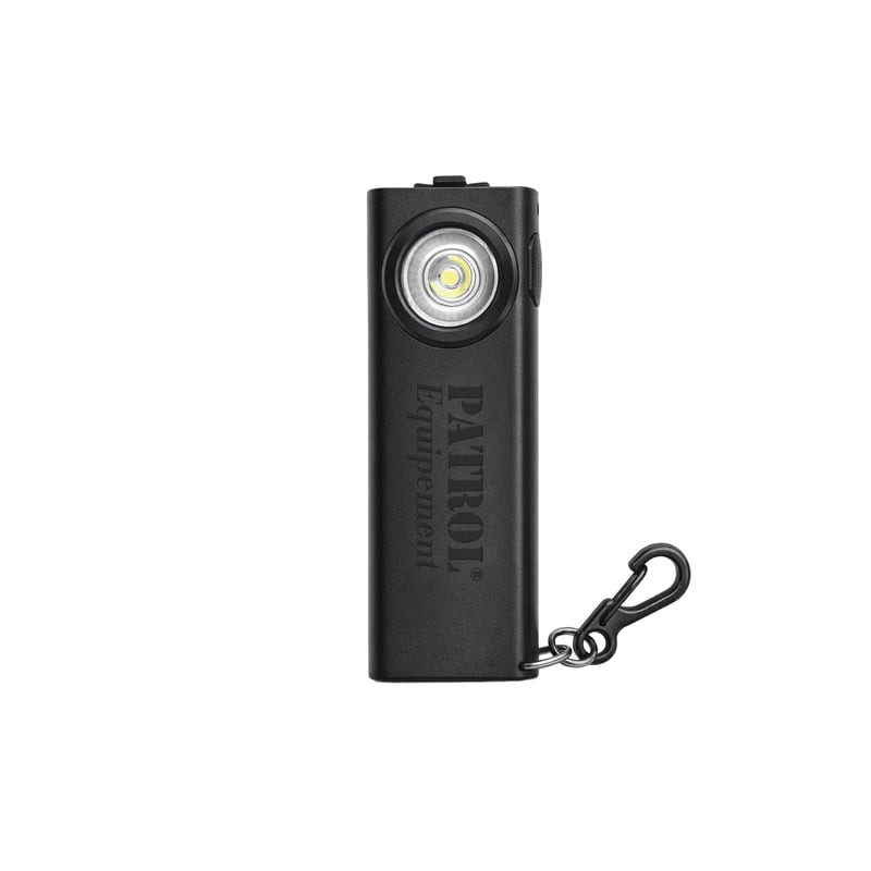 Lampe LED mini Patrol 1047974 vue de face sur fond blanc, lentille LED allumée, marquage Patrol et c