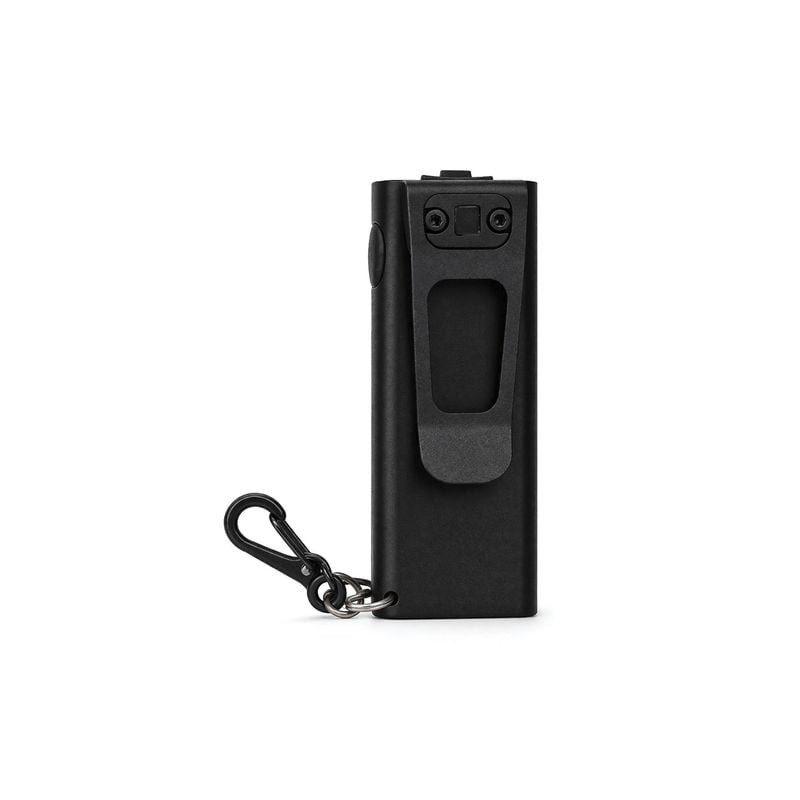 Patrol 1047974 lampe LED mini vue de côté sur fond blanc, met en avant clip intégré, boutons, mousqu