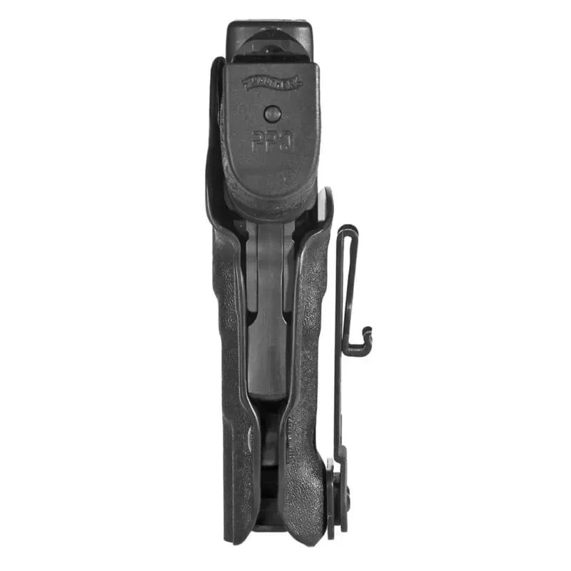 Vue rapprochée avant du holster Vega IU807 vide en polymère noir, mettant en avant la couverture de 