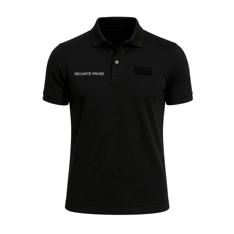 Vue avant du polo noir Patrol 1116846 manches courtes avec texte 'SÉCURITÉ PRIVÉE' et patch Velcro s