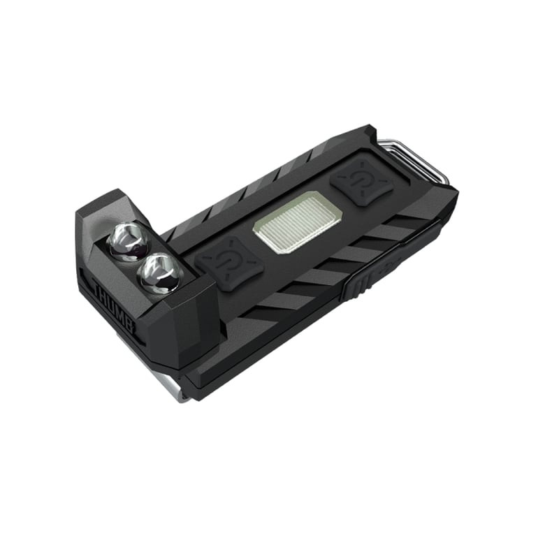 Nitecore 1147202 Thumb LEO vue angulaire supérieure affichant LED blanches allumées, panneau UV, bou
