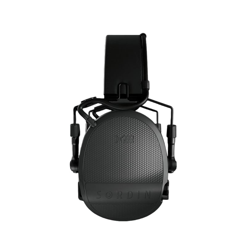 Vue avant du casque anti-bruit électronique MSA Sordin Supreme X2 serre-tête noir avec coques textur