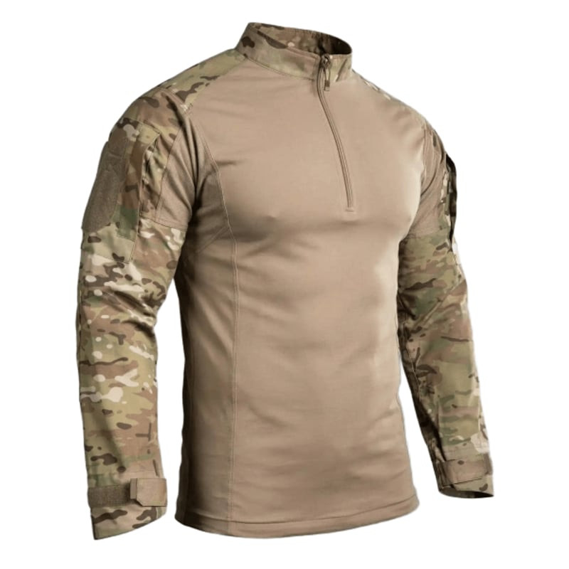 Vue avant de la chemise de combat GK Pro UBAS Dutycall GEN 2 Multicam, col montant zippé, manches Mu