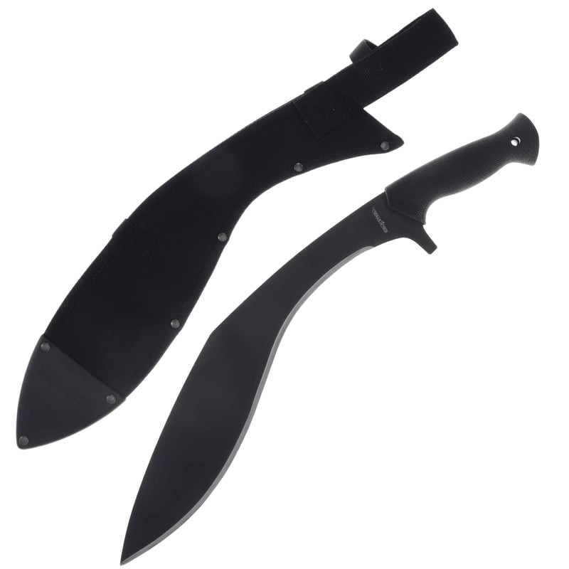 Gros plan sur la Machette Royal Kukri Cold Steel 661599 : lame noire détaillée, marquage 'Cold Steel