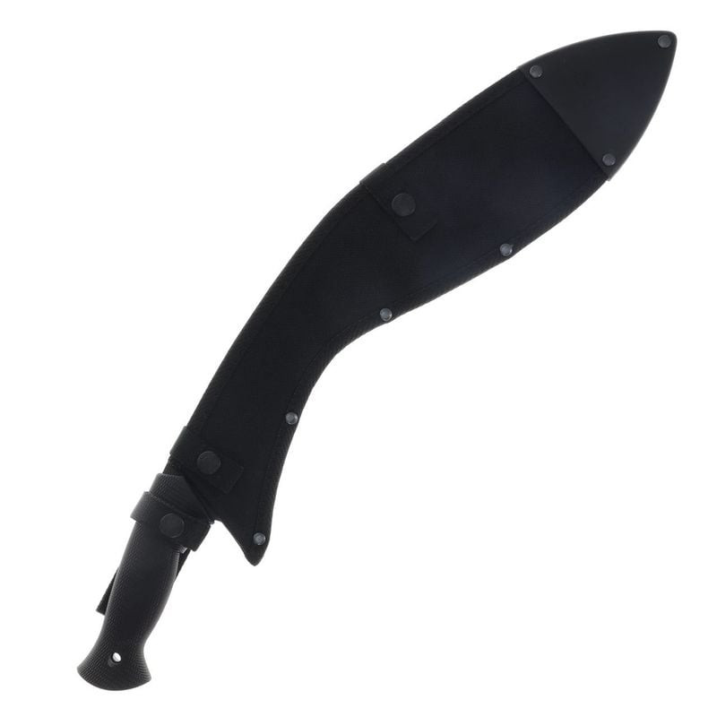 Machette Royal Kukri Cold Steel 661599 gainée dans étui noir nylon avec sangle de retenue, affichée 