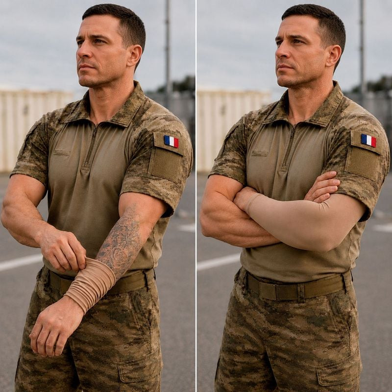 Homme en uniforme militaire appliquant et portant les manchettes couvre-tatouages Opex sur les avant