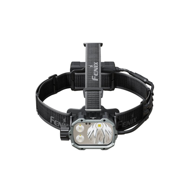 Profil latéral de la lampe frontale Fenix HP35R avec bandeau réglable et boîtier de batterie