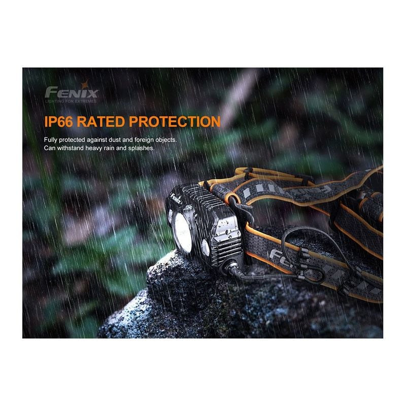 Vue angulaire de la lampe frontale Fenix HP30R V2.0 montrant l'interrupteur rotatif et le bandeau