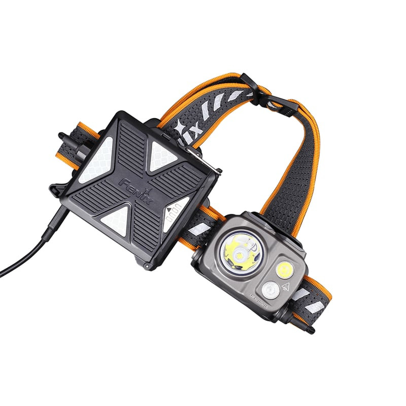 Vue arrière de la lampe frontale Fenix 1418424 avec couvercle du compartiment batterie et port de ch
