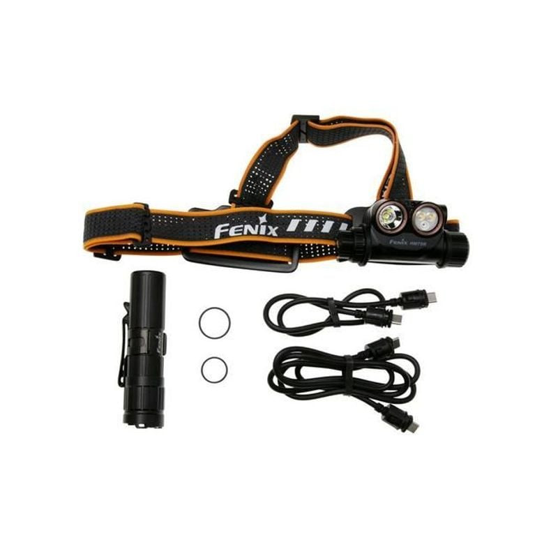 Lampe frontale Fenix HM75R vue en angle montrant le bandeau et le bloc batterie fixés à l'arrière.
