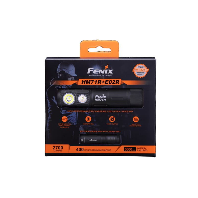 Lampe frontale Fenix HM71R détachée du bandeau, montrant le mode lampe torche à angle droit et le cl
