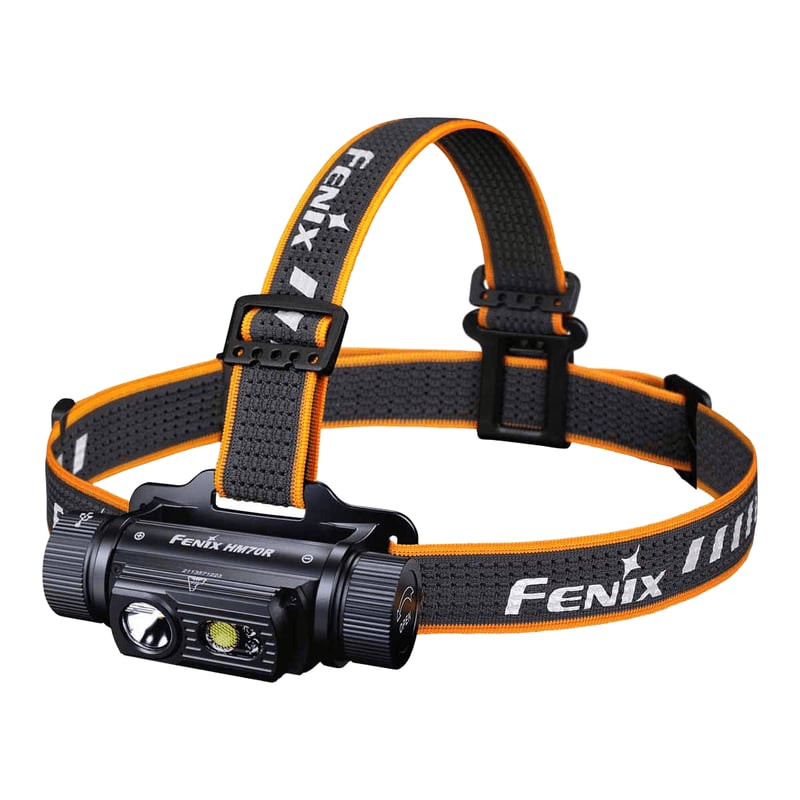 Lampe frontale rechargeable Fenix HM70R en boîtier métallique sur fond blanc, montrant le réseau de 