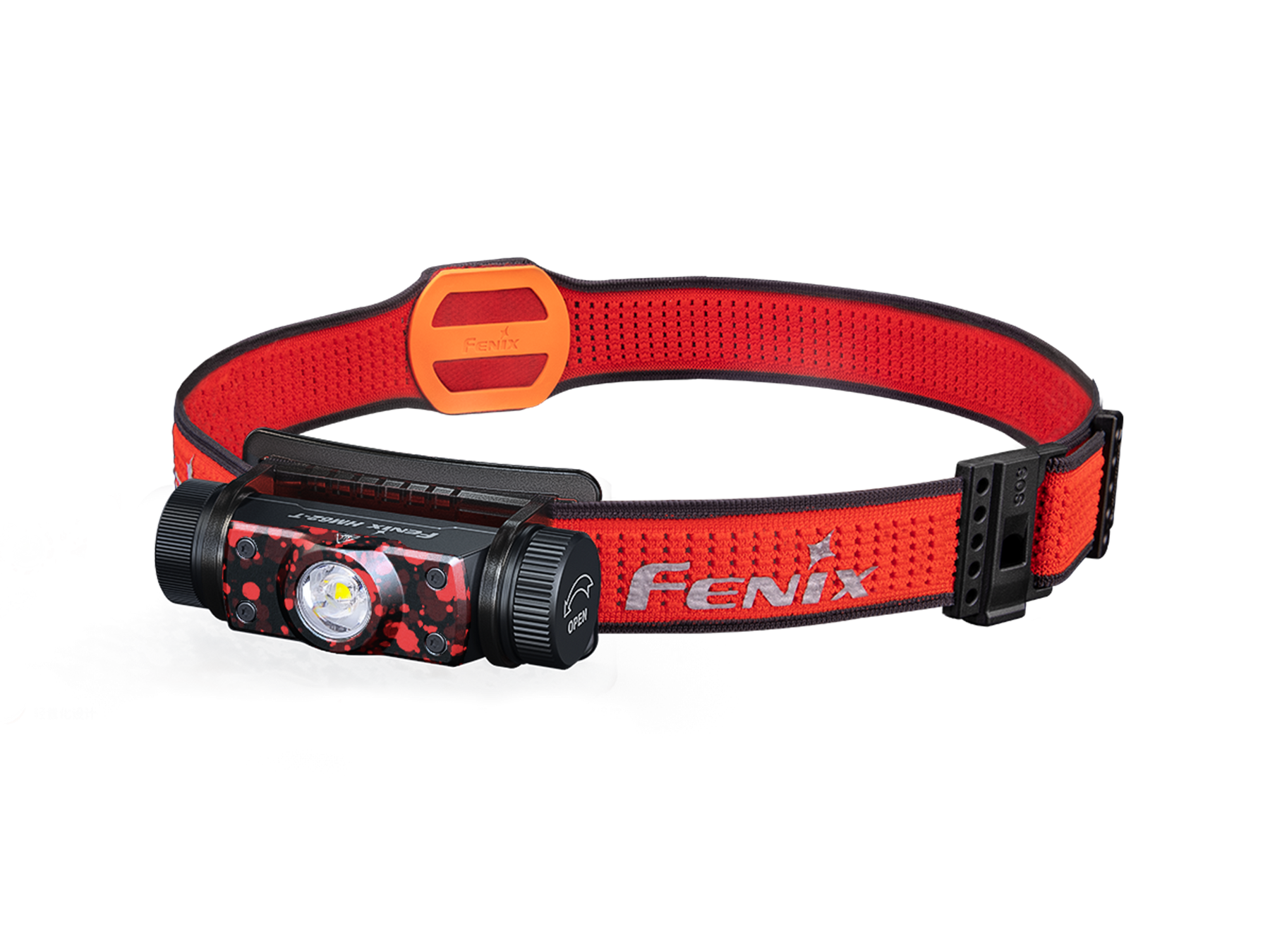Fenix HM62-T headlamp front view showing the dual white and red LED lens and large side switch on ma