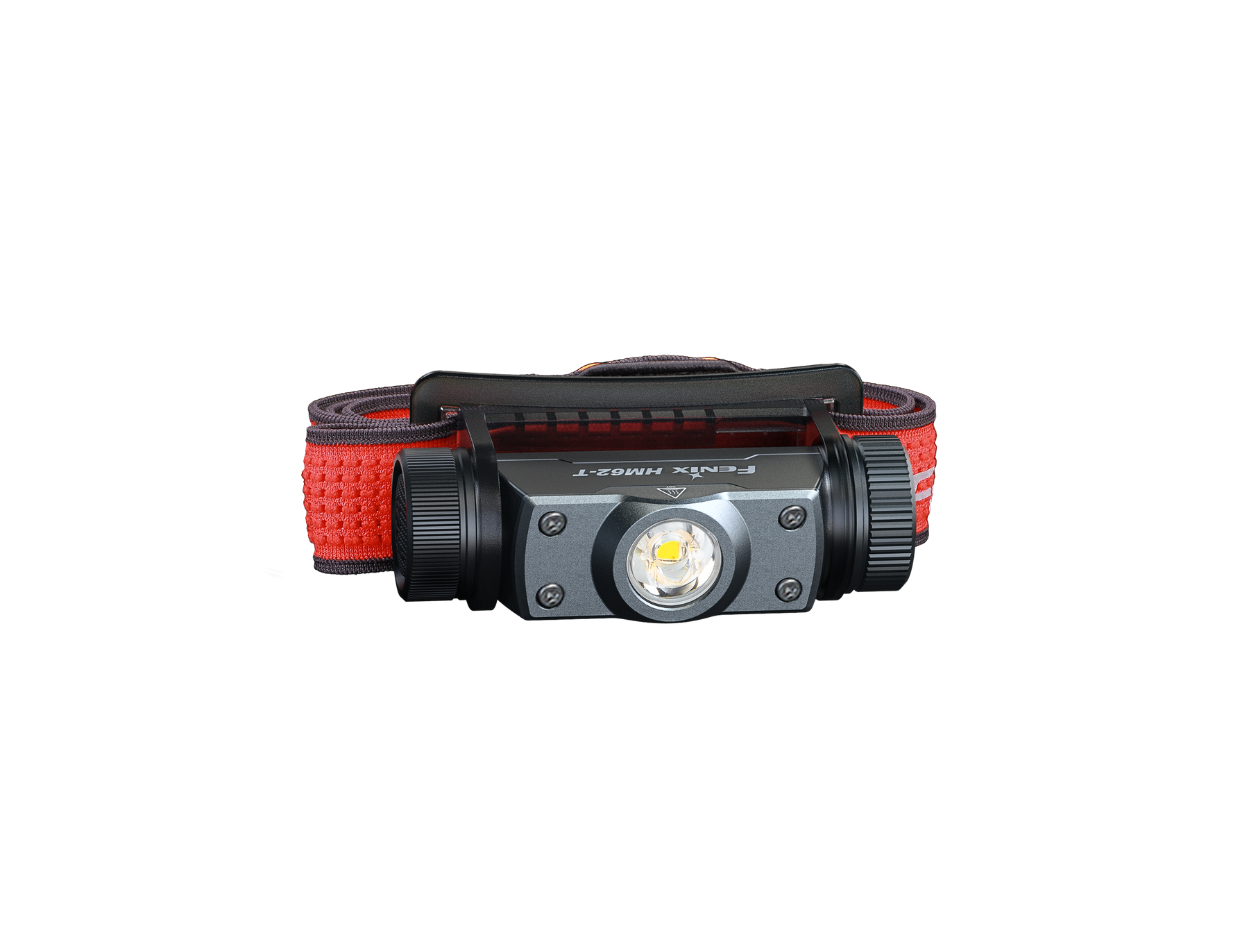 Rear view of Fenix HM62-T headlamp showing the battery compartment with USB-C charging port and 3400