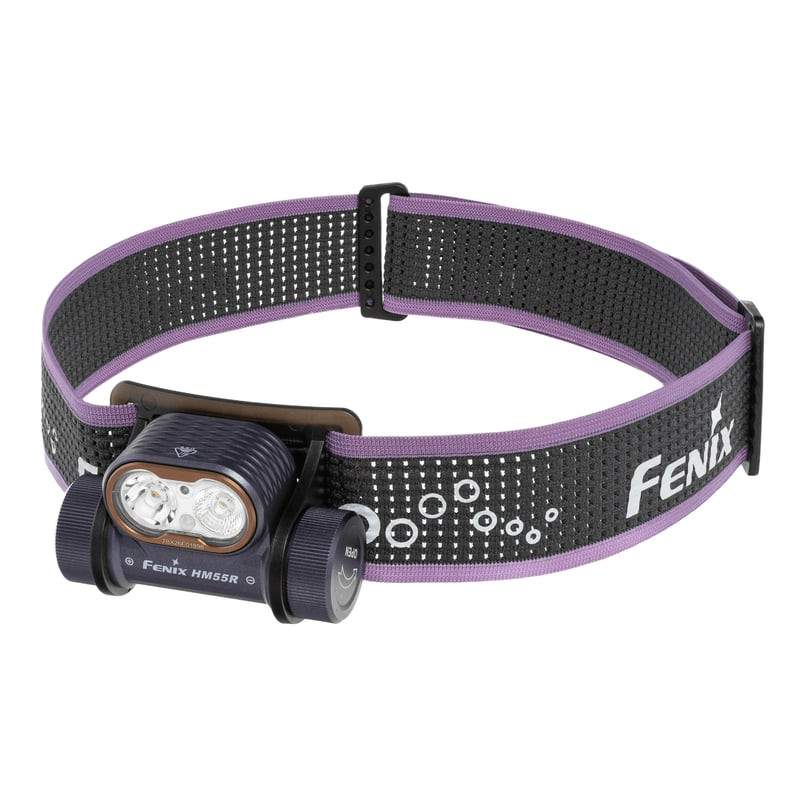 Lampe frontale Fenix HM55R vue de face montrant la LED principale et la lumière rouge sur fond blanc