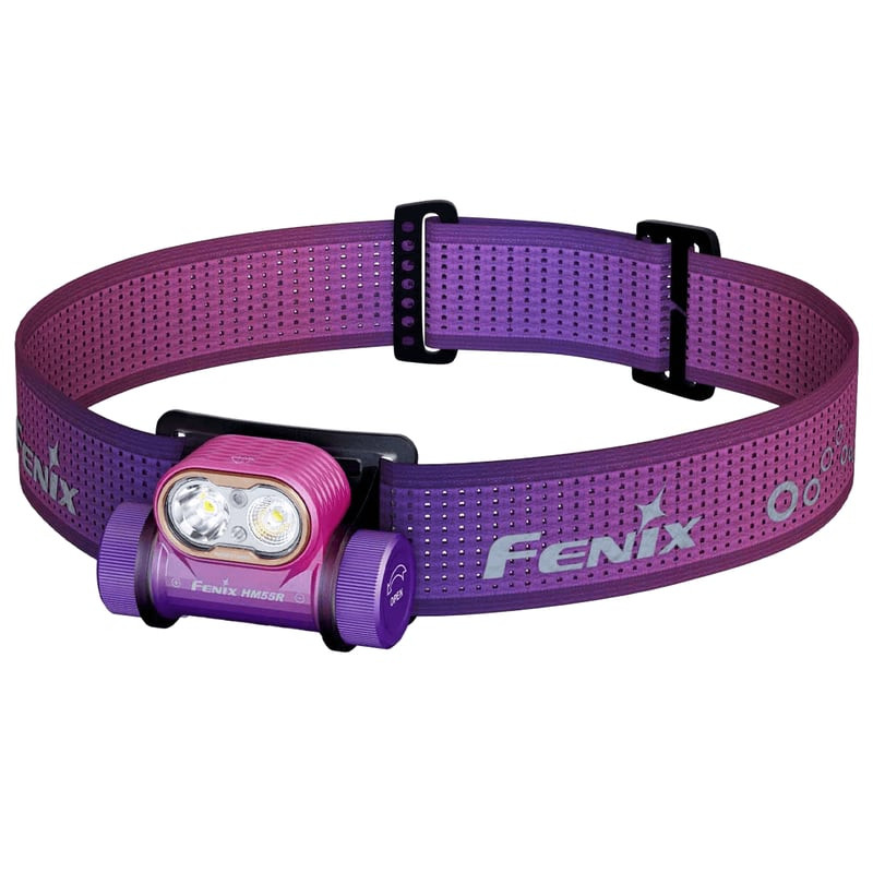 Lampe frontale rechargeable Fenix HM55R Nebula vue de face avec lentille LED et bouton