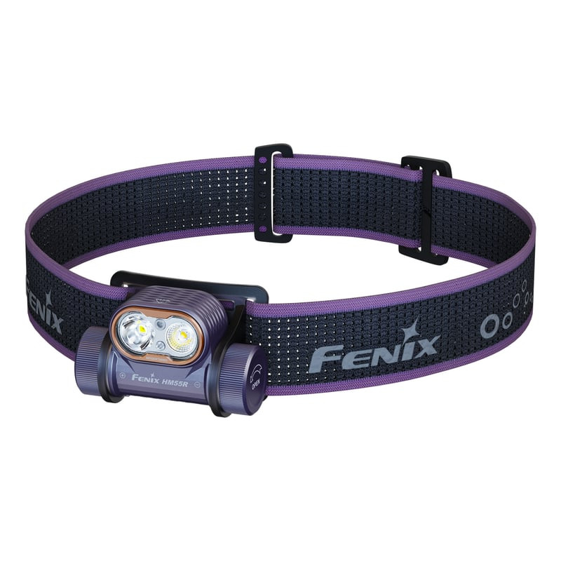 Lampe frontale Fenix HM55R Nebula vue de côté inclinée montrant le design compact et le bandeau