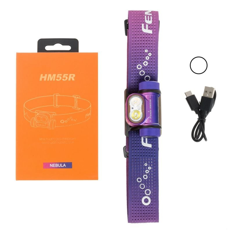 Vue de dessus de la lampe frontale Fenix HM55R Nebula montrant le bouton et le cache du port de char