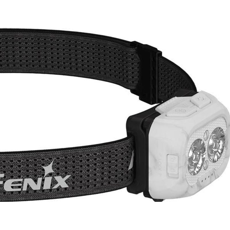 Gros plan de la lampe frontale Fenix HL18R-T V2.0 montrant trois modes d'éclairage et les boutons.