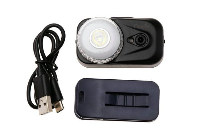 Back view of 1418403 Fenix HL17R headlamp showing USB-C port and battery compartment.