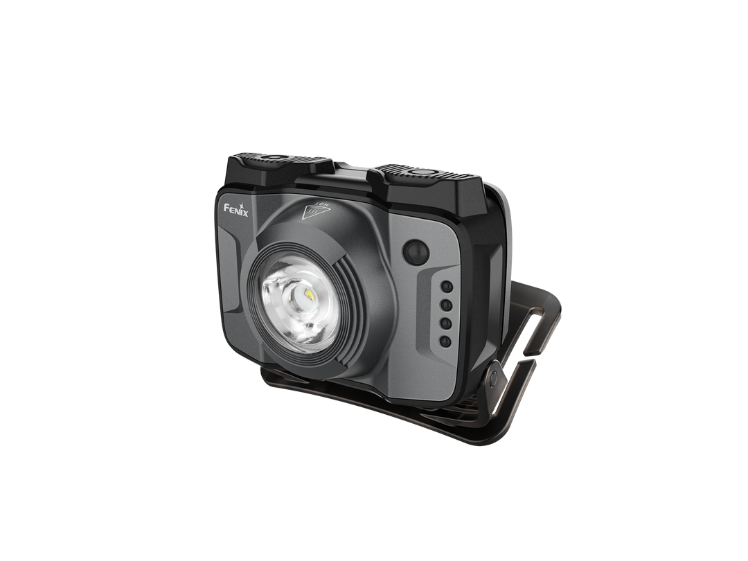 Fenix HL12R V2.0 headlamp detail shot of red LED and mode switch button.