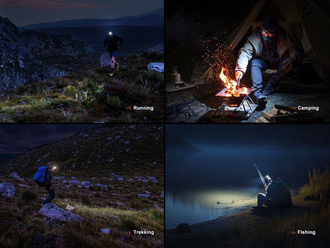 Person wearing Fenix HL12R V2.0 headlamp while hiking at night, bright beam illuminating the trail.