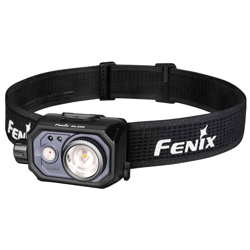 Lampe frontale rechargeable Fenix HL45R vue de face sur fond blanc montrant les deux lentilles LED e
