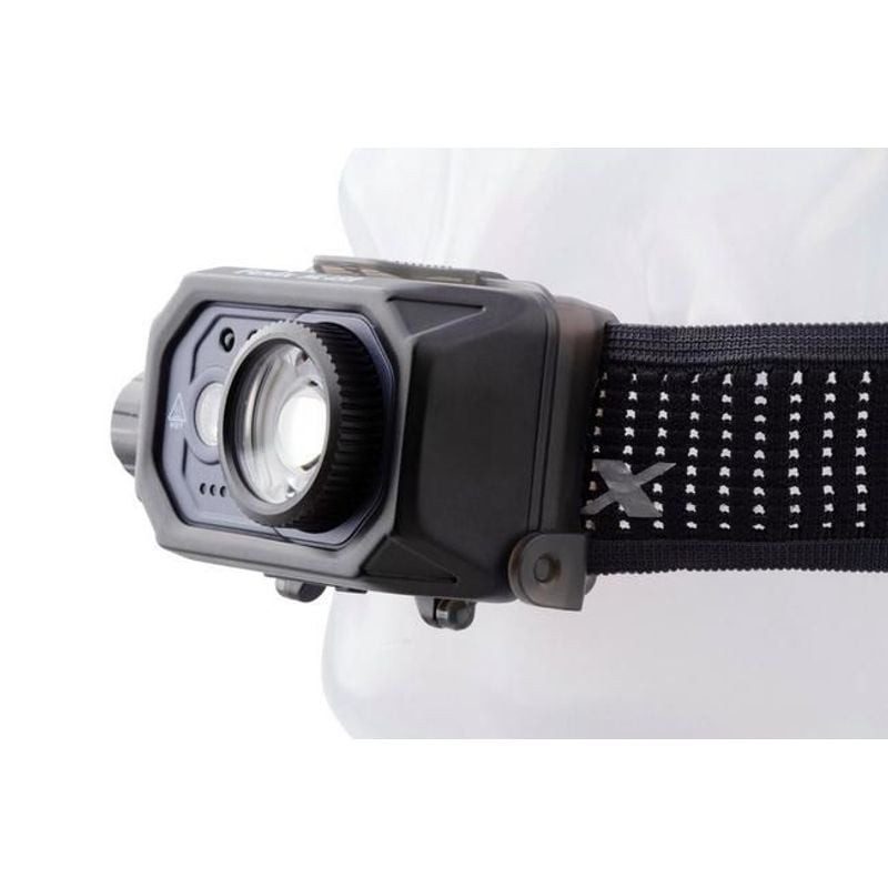 Détail du bandeau réglable et du mécanisme d'inclinaison de la frontale Fenix HL45R, avec sangle con