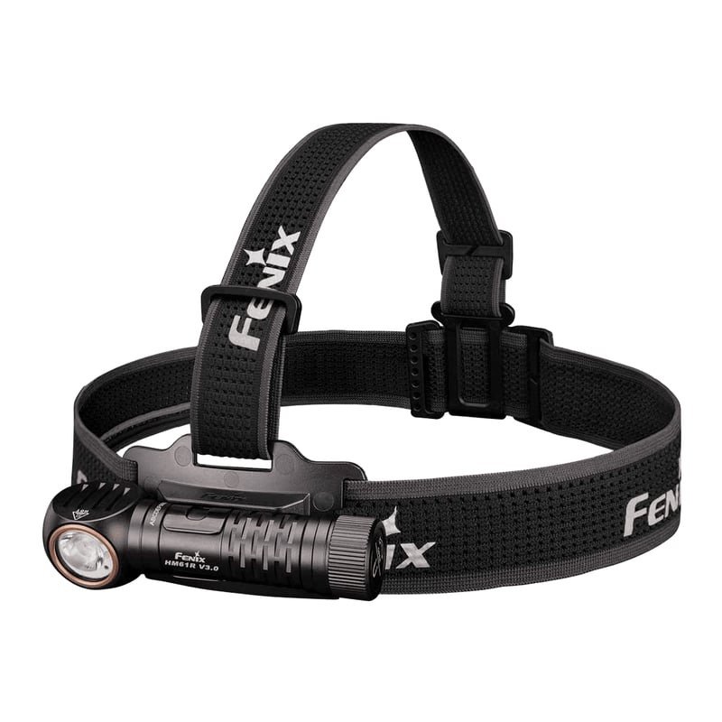 Lampe frontale rechargeable Fenix HM61R V3.0 noire avec bandeau ajustable, montrant lentille avant e