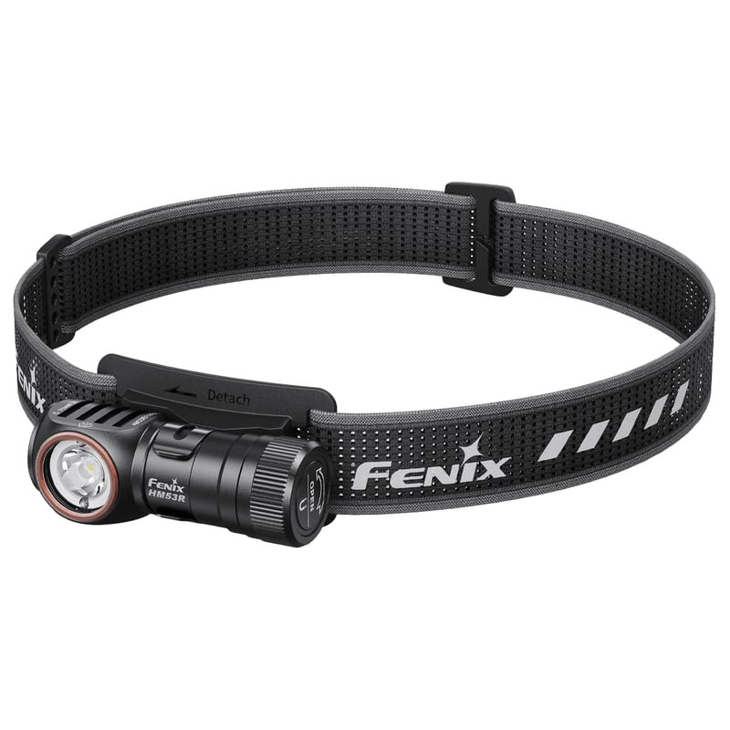 Lampe frontale rechargeable Fenix HM53R à double éclairage, vue de face montrant le design compact e