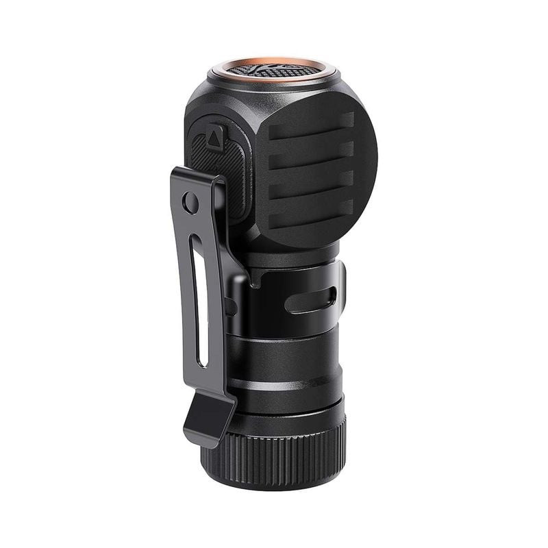 Vue latérale de la lampe frontale Fenix HM53R montrant le clip et le bandeau détachable, lampe de po