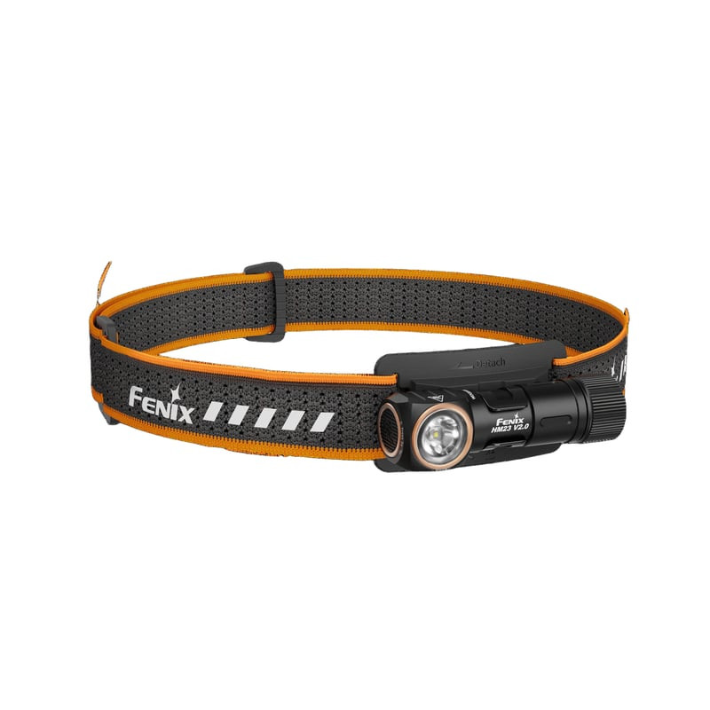 Lampe frontale ultra-légère Fenix HM23 V2.0 vue de face avec système à double LED sur fond blanc