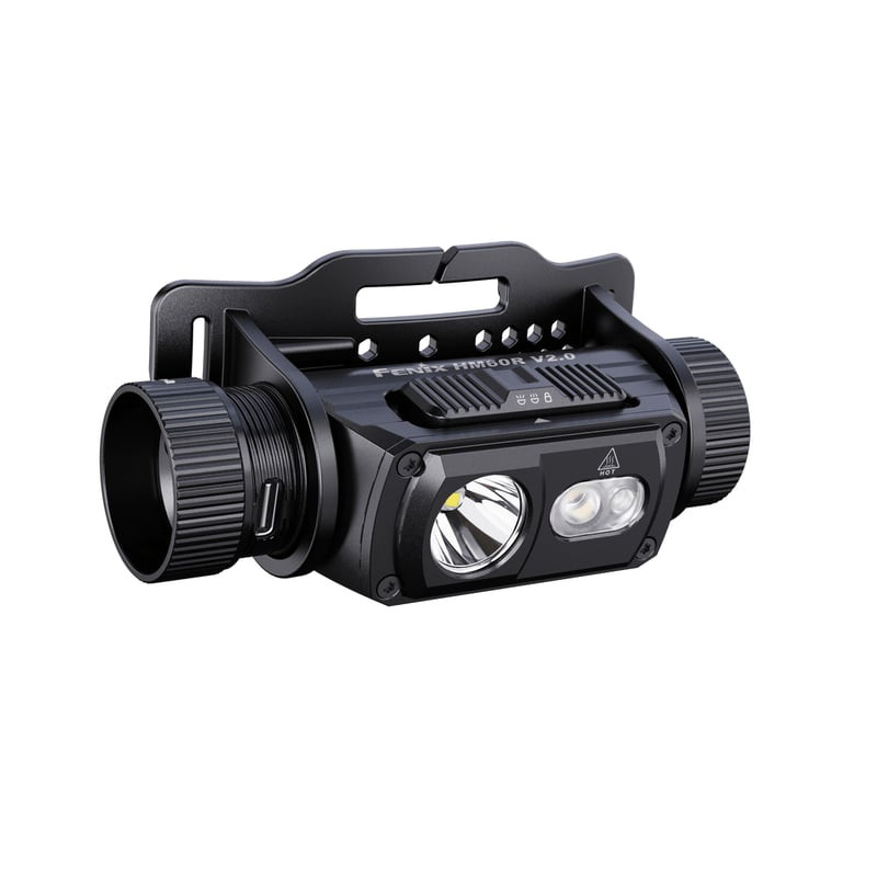 Lampe frontale Fenix HM60R V2.0 en angle trois-quarts montrant le corps texturé et le bandeau