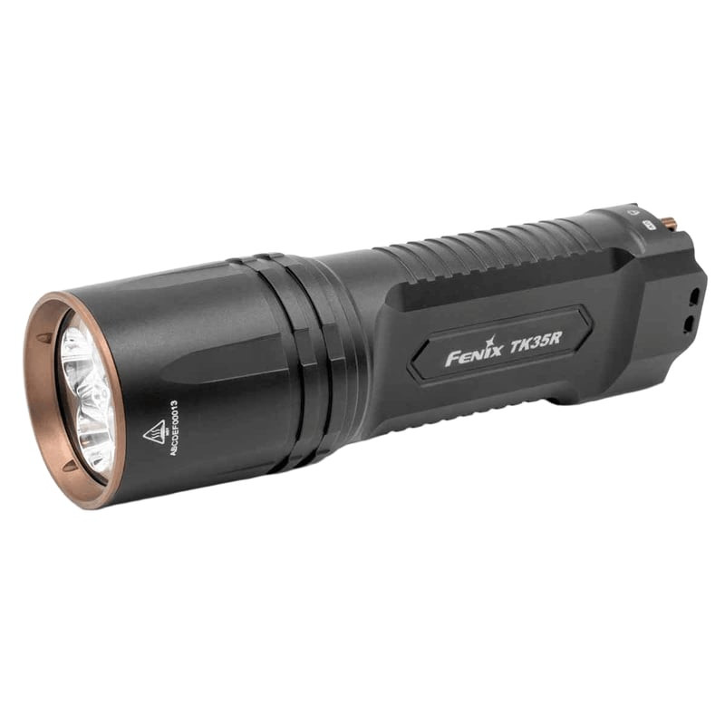 Vue de face de la lampe torche tactique Fenix TK35R RED en packshot montrant son design compact et s