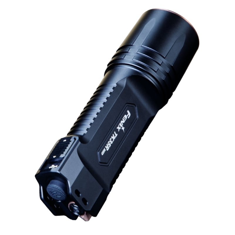 Vue de dessus de la lampe torche Fenix TK35R RED montrant la tête et les ailettes de refroidissement