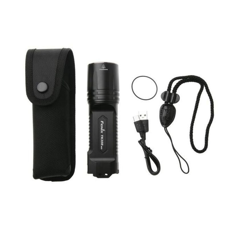Vue arrière du Fenix TK35R RED en packshot montrant le capuchon de queue et le point d'attache de la
