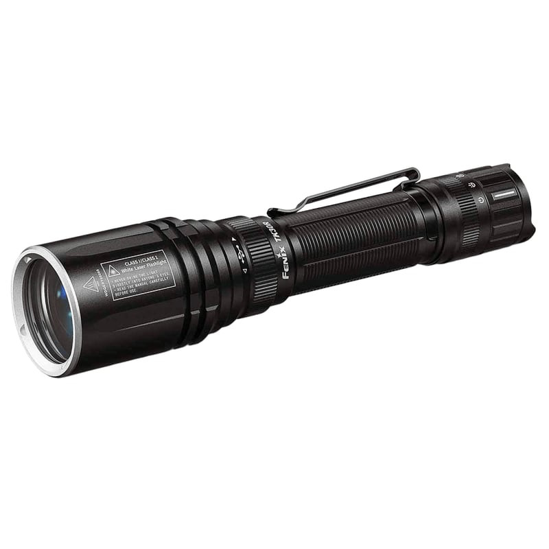 Lampe torche tactique Fenix TK30R en vue avant avec lentille LEP et collier.