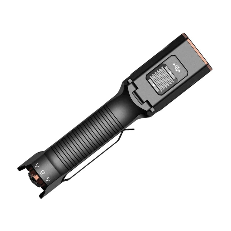 Lampe torche tactique Fenix TK28R, vue de face avec indicateur de mode rouge et design plat sur fond