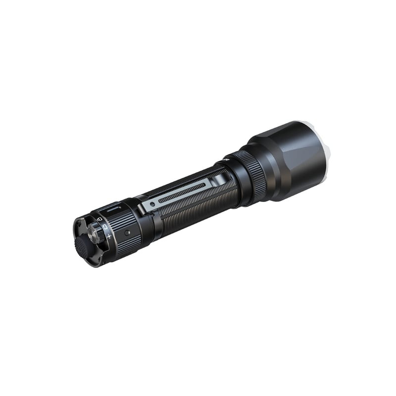 Vue de face de la lampe torche Fenix TK22R montrant le réflecteur, la lentille et l'interface à quat