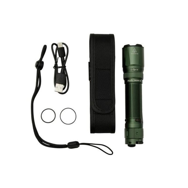 Lampe torche Fenix TK20R UE Tropical vue de côté montrant la poignée texturée et l'interrupteur arri