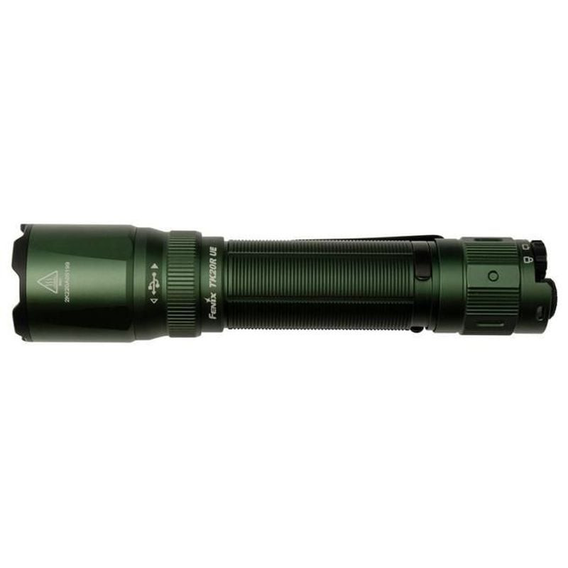 Lampe tactique Fenix TK20R UE Tropical avec batterie et emballage sur fond blanc.